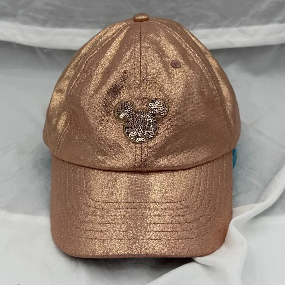 Disney Parks Rose Gold Mickey Hat Metallic Sequin Ears Logo Adjustable Cap Adult
